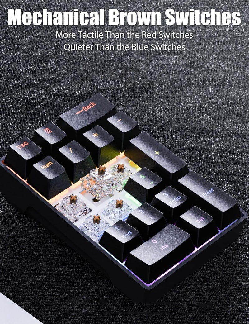 TISHLED Wired Mechanical Numpad Rainbow LED Backlit 20-Key Number Pad Brown Switches Shine Through Keycaps Detachable Cable Numeric Keyboard for PC/Laptop/Win/Mac, White - Image 5